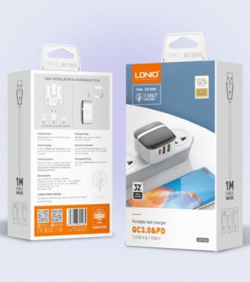 LDNIO 33W (A3513Q) 1 USB-C PD 20W + 2USB-A 18W + 2.4A CHARGER WITH TYPE-C CABLE