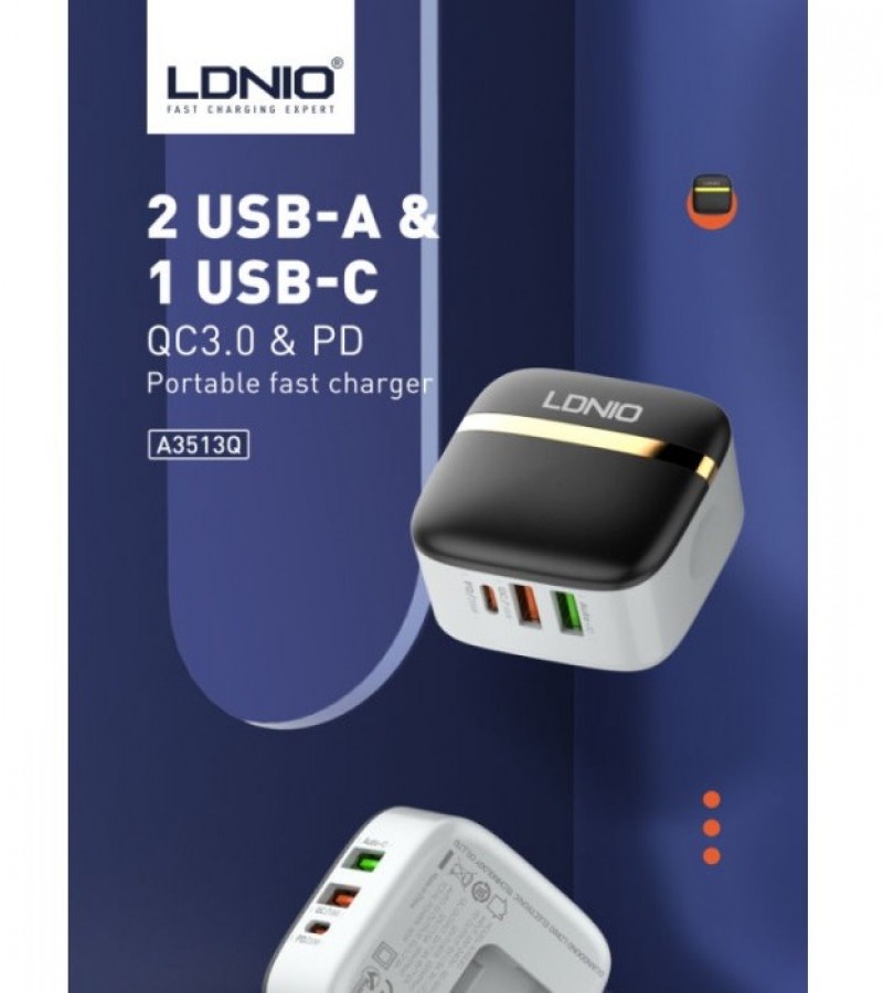 LDNIO 33W (A3513Q) 1 USB-C PD 20W + 2USB-A 18W + 2.4A CHARGER WITH TYPE-C CABLE