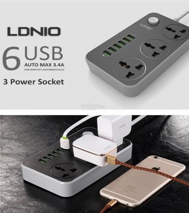 LDNIO SC3604 ELECTRIC SOCKET EXTENSION POWER STRIP WITH 3.4A 6 USB CHARGER ADAPTER