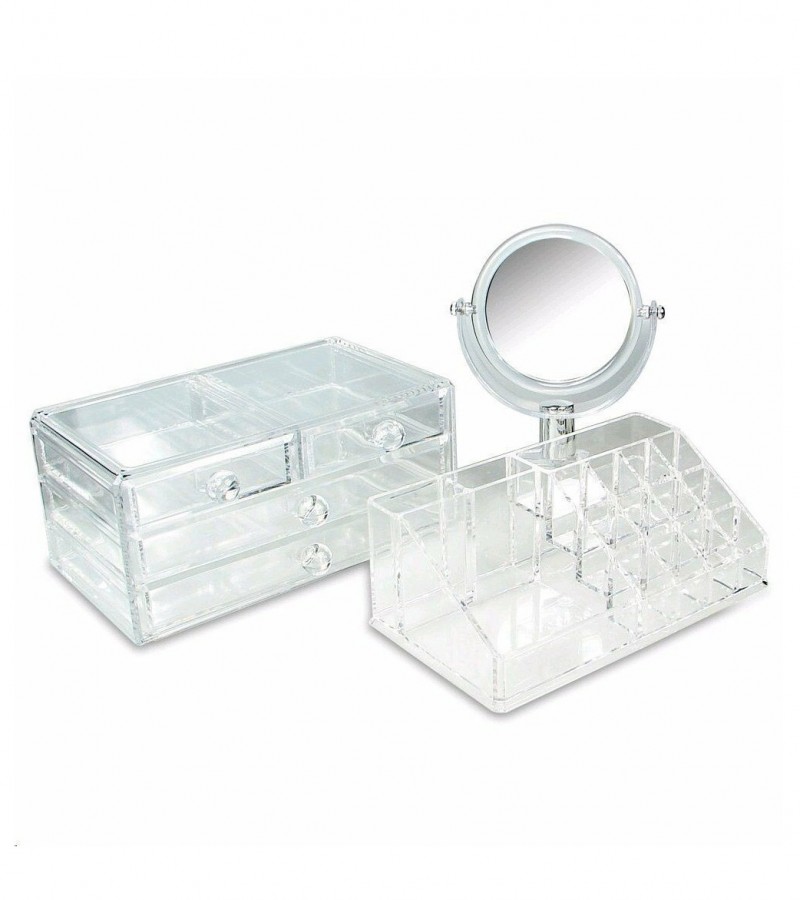 Transparent Luxury Storage Cosmetic Make Up Organizer Two Sided Mirror