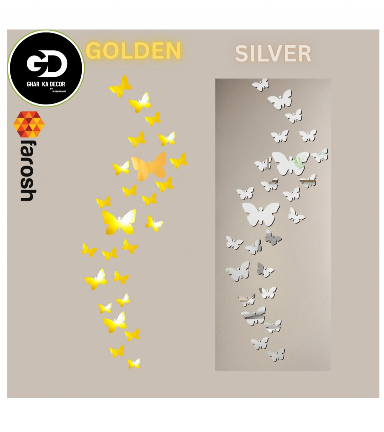 PACK OF 30 ACRYLIC BUTTERFLIES (GOLDEN AND SILVER) - double tape is PRE APPLIED