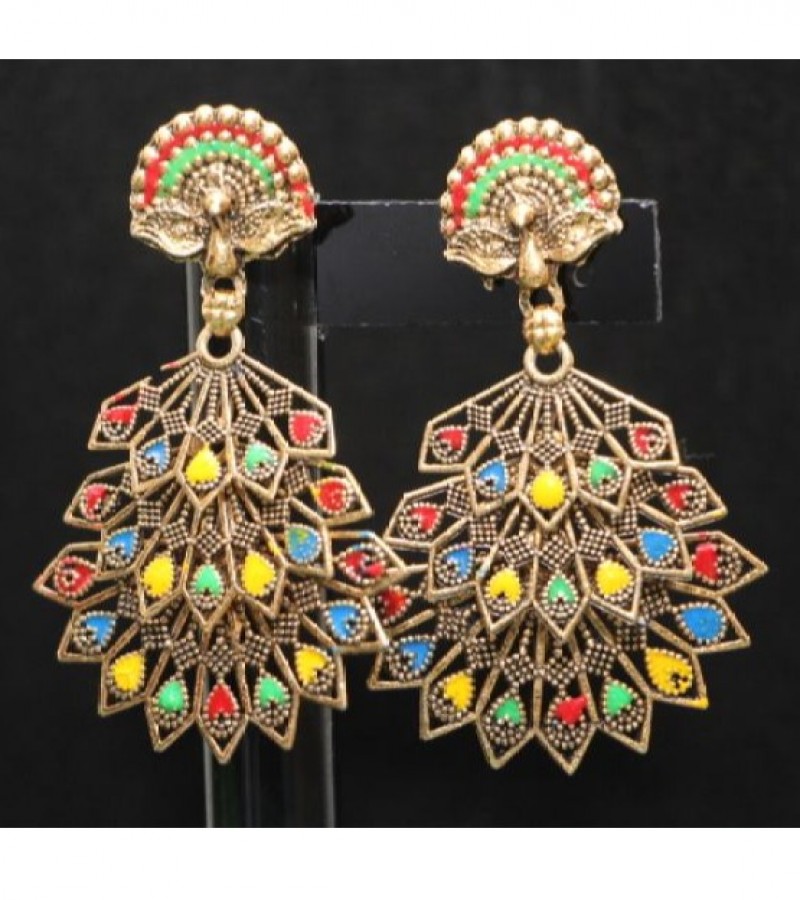 Golden Antique Earring Peacock 3 Layer Drop with Multi Colors