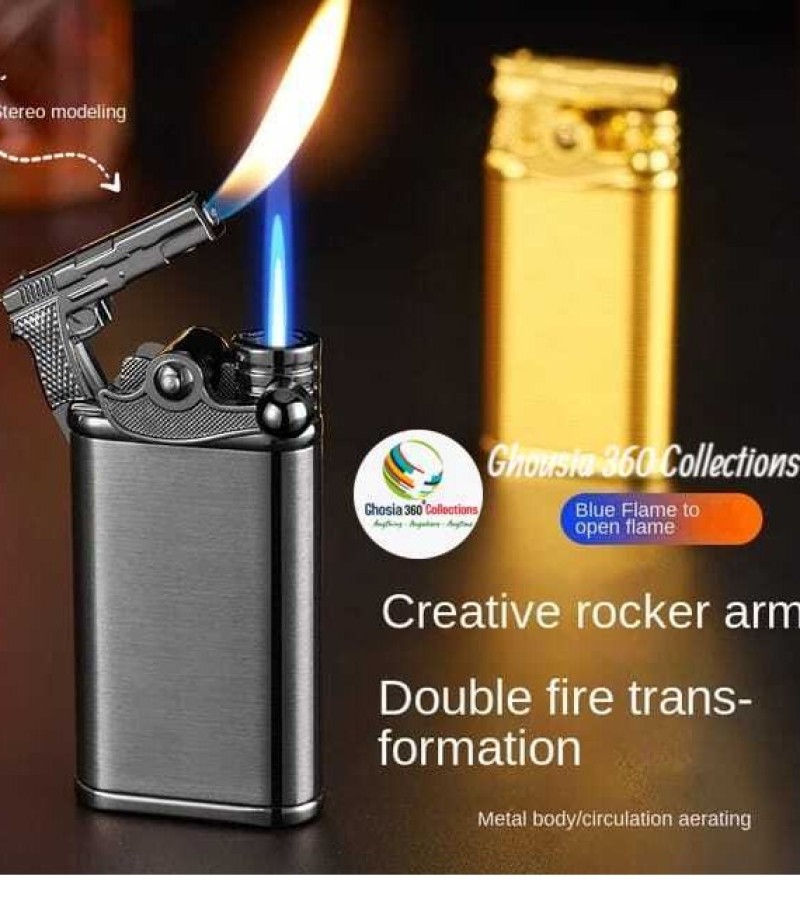 New Blue Flame Metal Gun Style Double Fire Creative Jet Flame Conversion Lighter Luxury