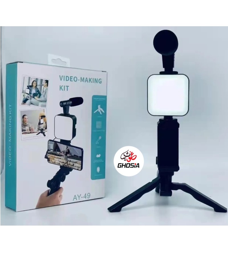 Smartphone Camera Video Microphone Kit with Light + Microphone + Tripod + Phone Holder