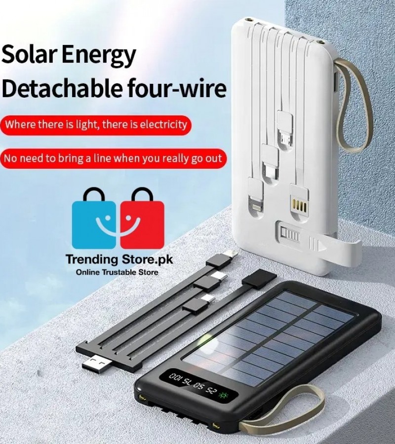 Solar Mobile Charging Power Bank 10000 mAh Battery With 4 Charging Cables iPhone, C-Port, USB Cable