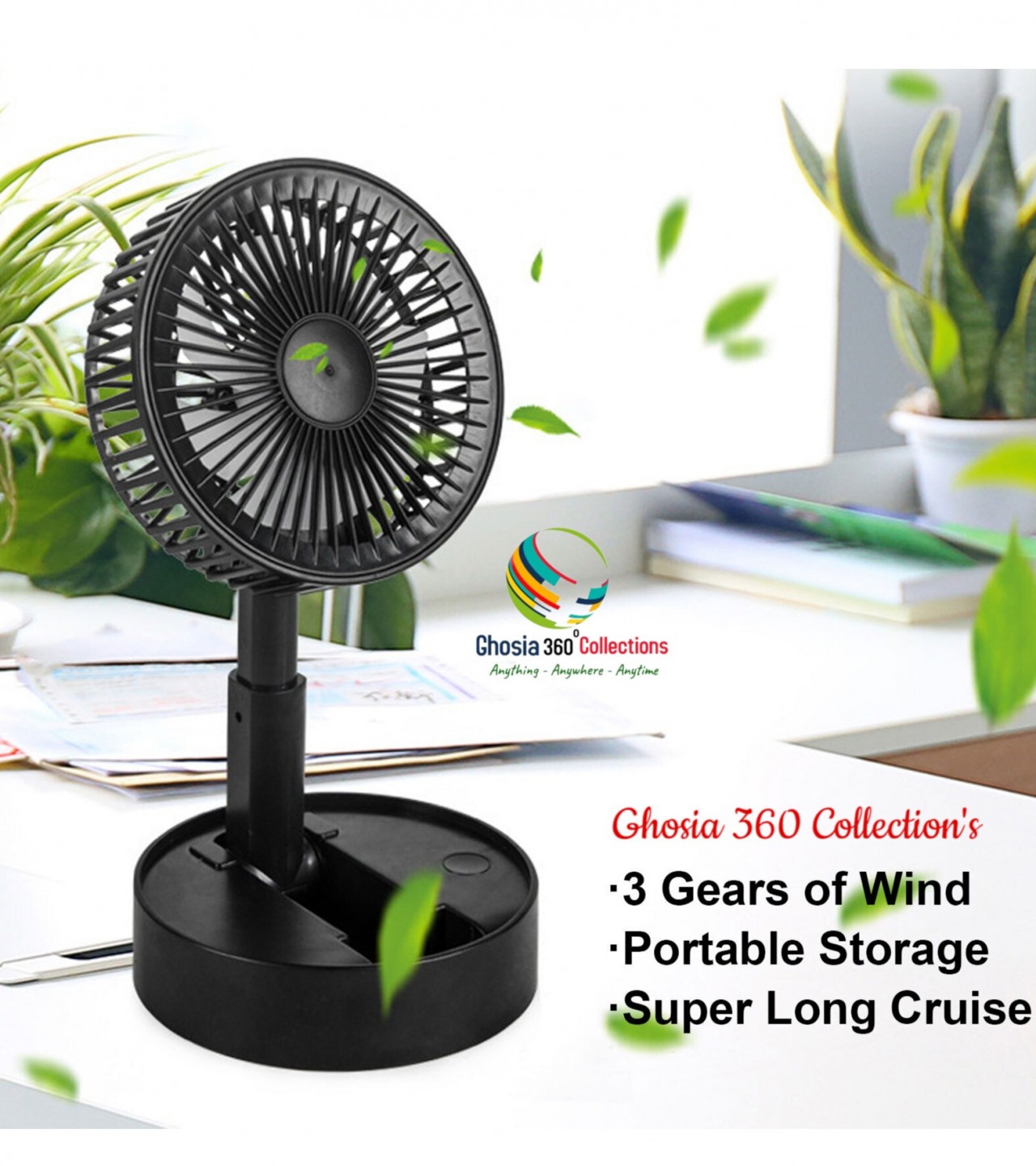 USB Rechargeable Desk Mini Folding Storage Fan 360 Rotatable Stand 3 Gear Speed Silent Fan