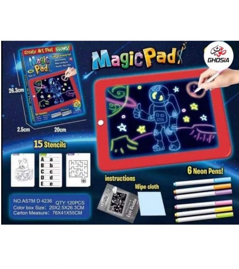 3D Magic Pad Light Up Drawing Pad Kids Learning & Art Glow Light Up Tablet  With Neon Pens