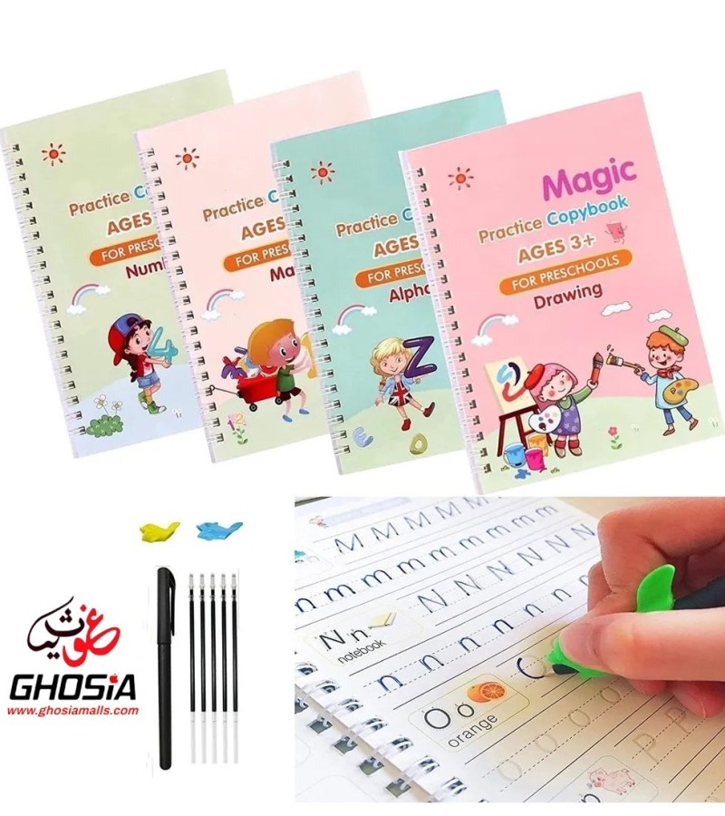 4 in 1 Magic Practice Copybook for Kids – 4 Reusable Writing Practice Book with Magical Pen
