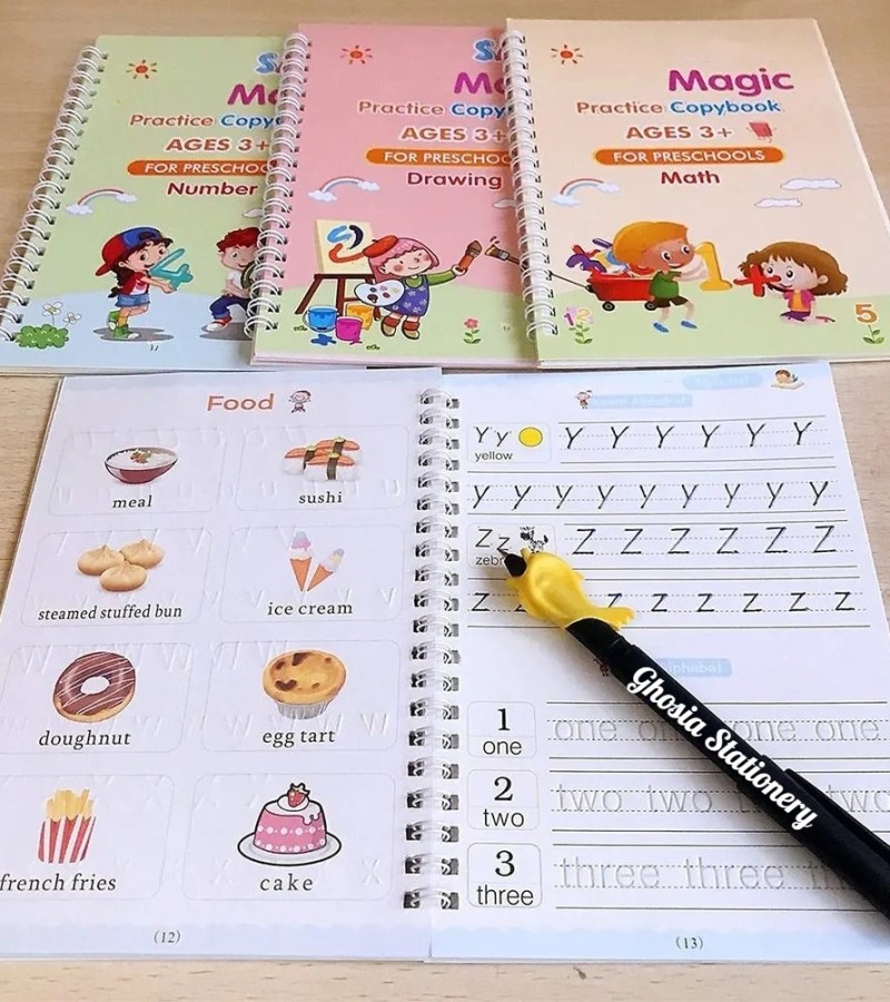 4 in 1 Magic Practice Copybook for Kids – 4 Reusable Writing Practice Book with Magical Pen