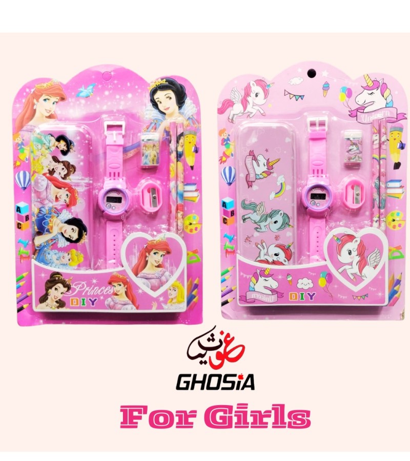 6 Pcs Stationary Set for Kids School Stationery Set With Digital Watch Cartoon Themed Gift Pack