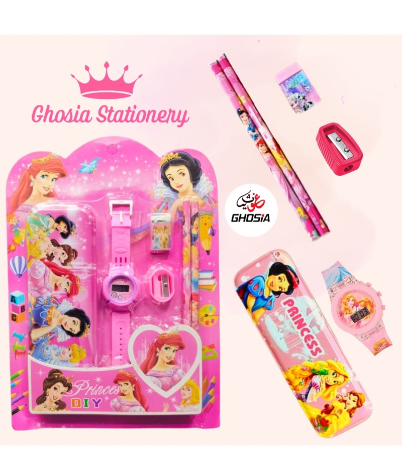 6 Pcs Stationary Set for Kids School Stationery Set With Digital Watch Cartoon Themed Gift Pack