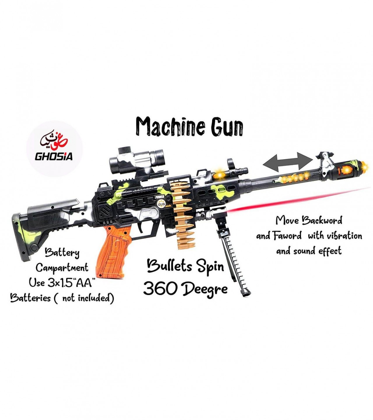 Acousto optic Iron Gun for kids with music lights and laser