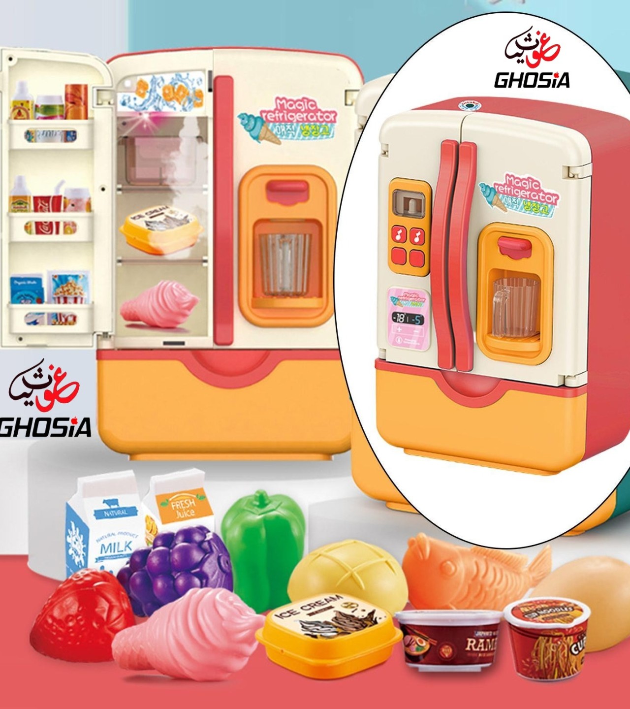 Dollhouse Kitchen Refrigerator Toys With Cold Icy Spray & Colorful Dazzling Lights & Music