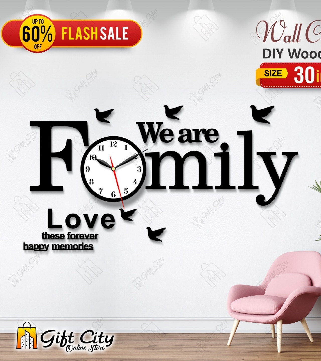 We are Family with Birds Wooden Wall Clock for Home and Offices, 3D Design Self Adhesive - GIFT City