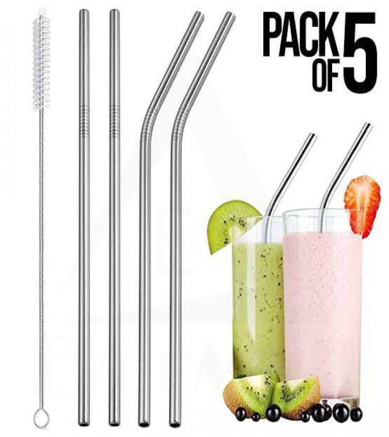 5-Pack Metal Straw Reusable Stainless Steel Drinking Straws Set With Cleaning Brush Eco Friendly Stainless Steel Reusable Drinking Straws