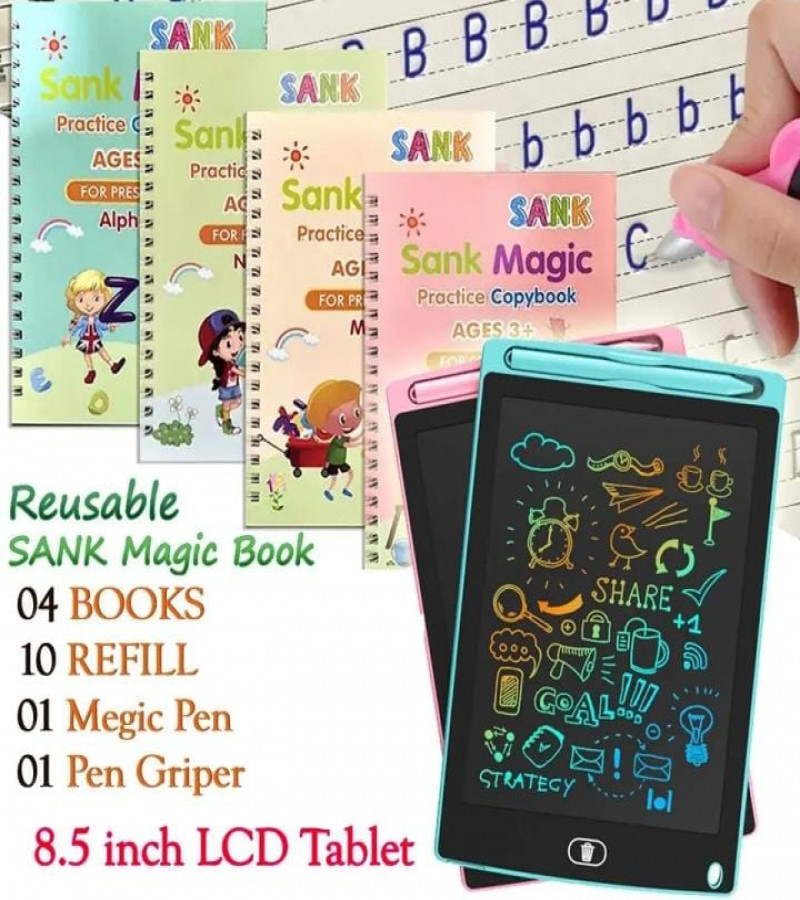 8.5 Inch LCD Writing Tablet with Reusable Magic Book 4Magic Books 1Magic Pen 10Refills 1Grip Sank Montessori Practice Copy Books