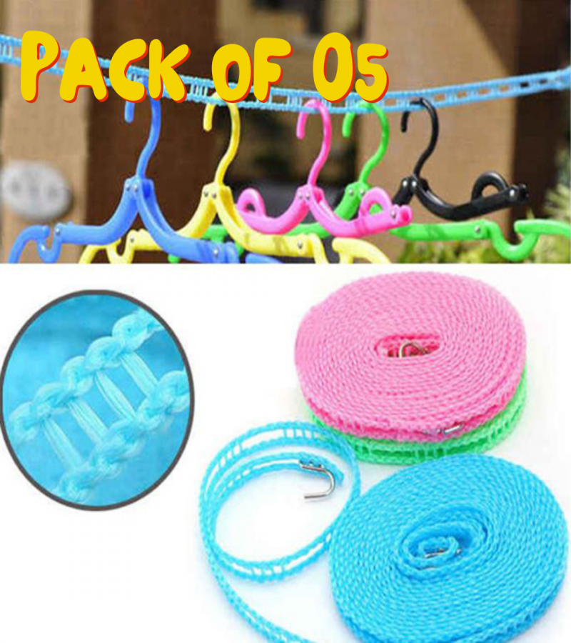 Pack of 05 Plastic Cloth Hanging Rope Clothesline - 5 Meters