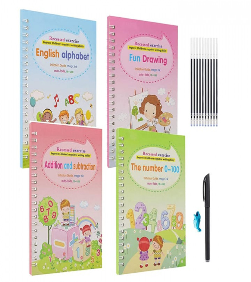 Set of 4 Sank Magic Learning Book with Magic Pen & 10 refills, Practice book For Montessori children Tracing Handwriting