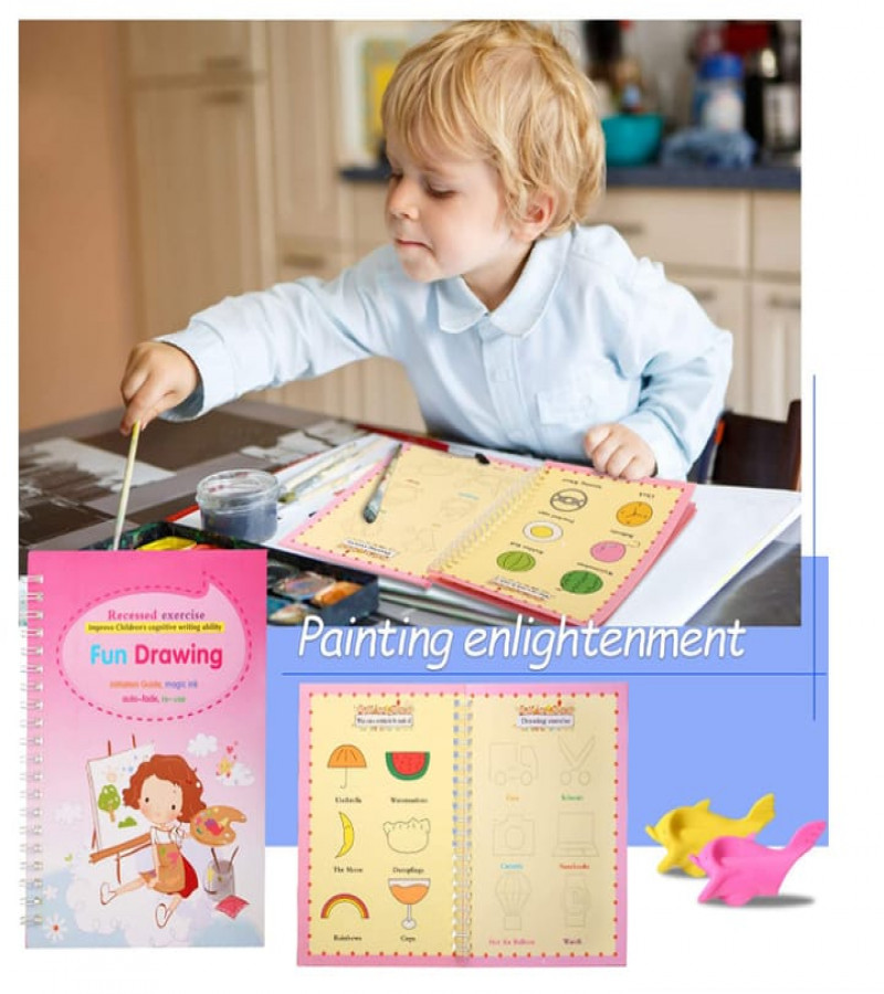 Set of 4 Sank Magic Learning Book with Magic Pen & 10 refills, Practice book For Montessori children Tracing Handwriting