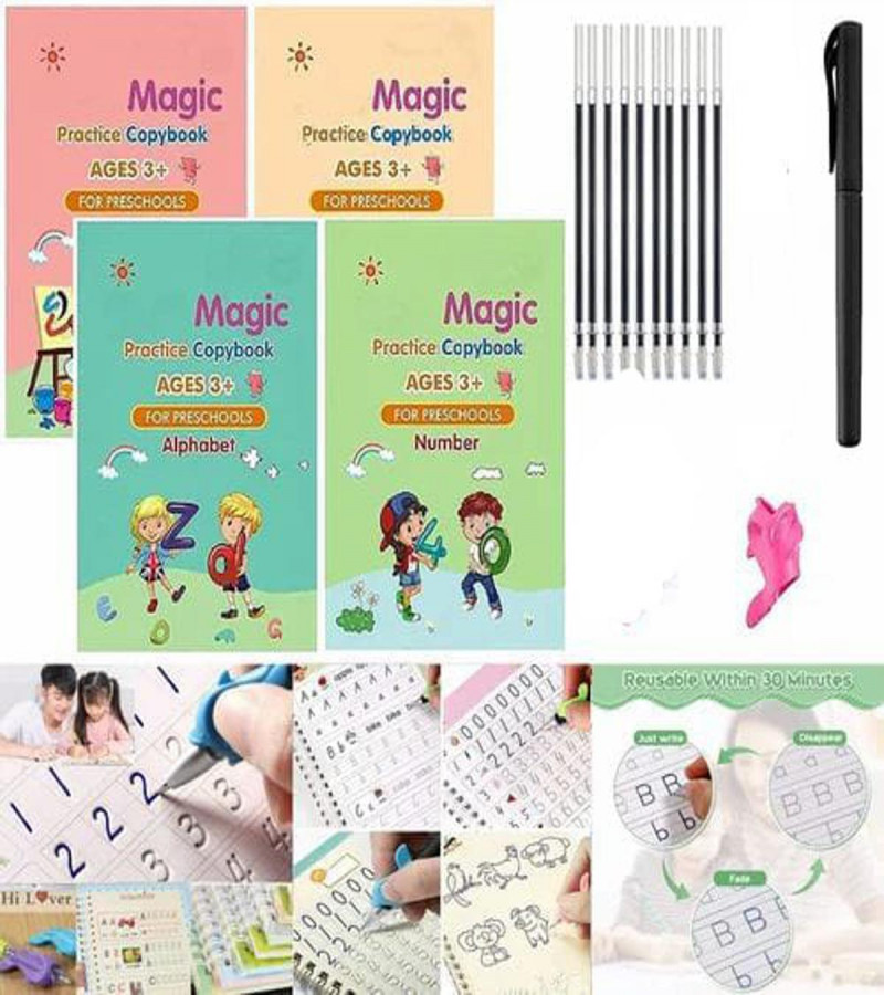 Set of 4 Sank Magic Learning Book with Magic Pen & 10 refills, Practice book For Montessori children Tracing Handwriting