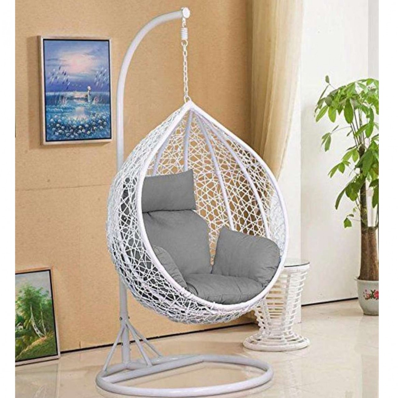 Egg Shape Hanging Swing Chair - Jhoola Stand - Cushion For Adult- White