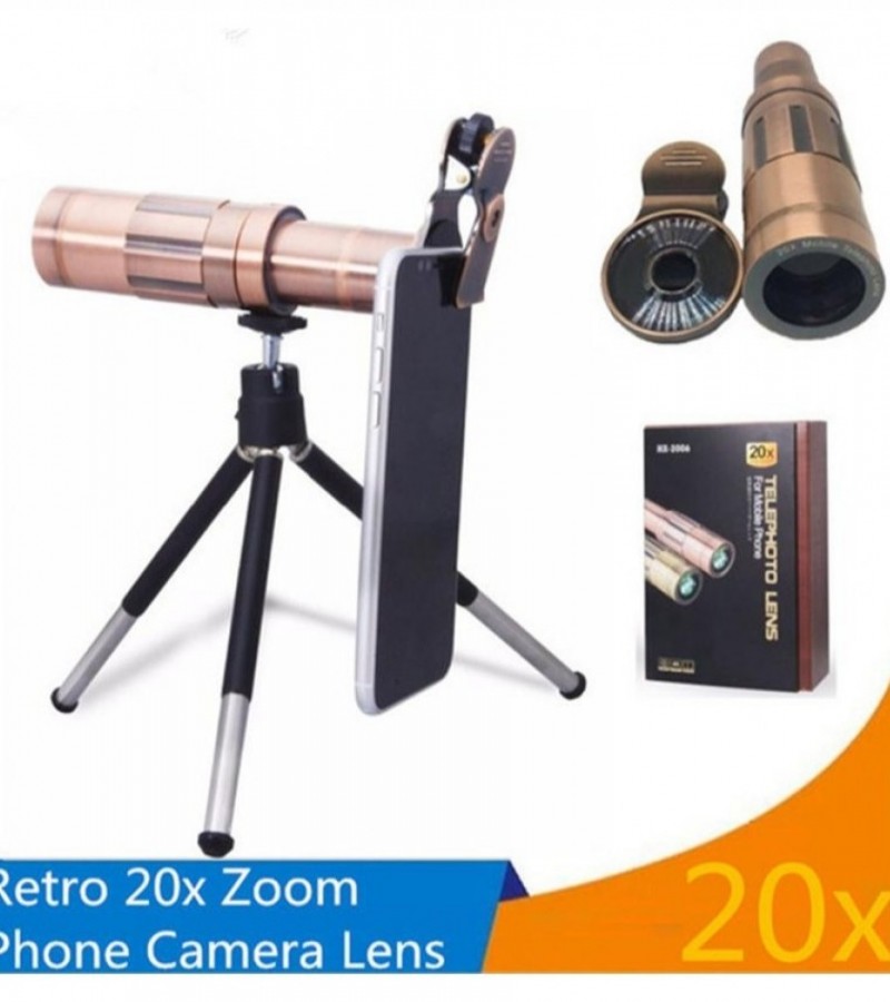 Mobile Phone Optical Telescope Camera Lens Tripod Stand & Clip - x20 Zoom