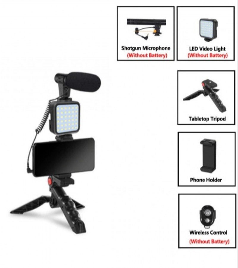 Vlogging Kit KIT-01LM Mini Tripod With Microphone, LED Light & Phone Holder Live Recording