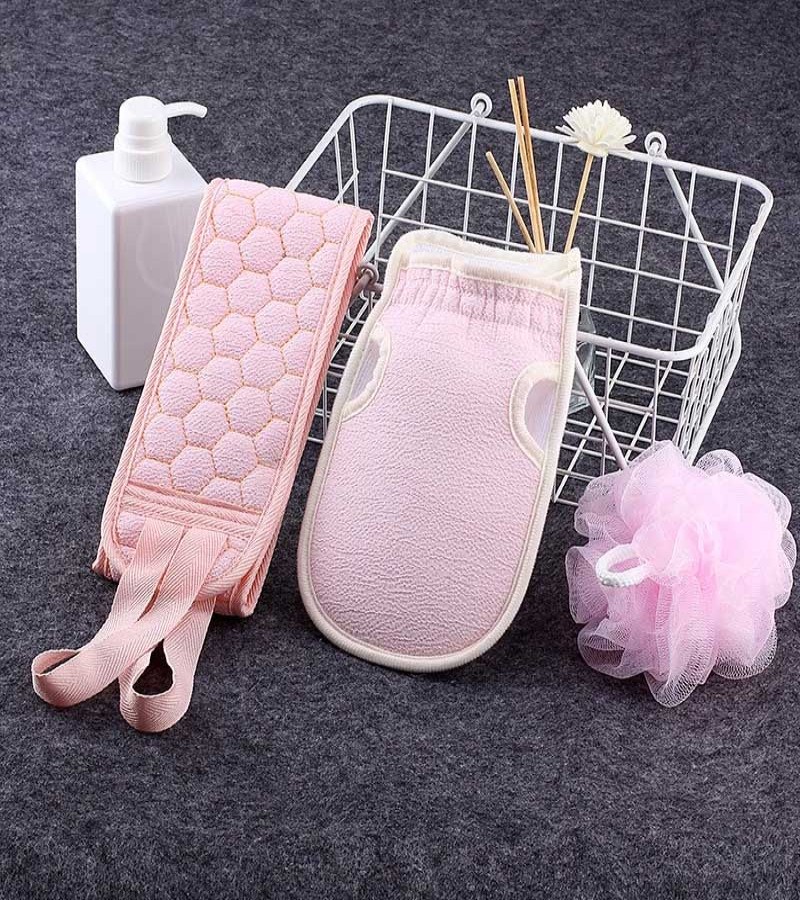 (Set Of 3) Body Cleaning Back Scrubber, Bath Gloves And Loofah Set
