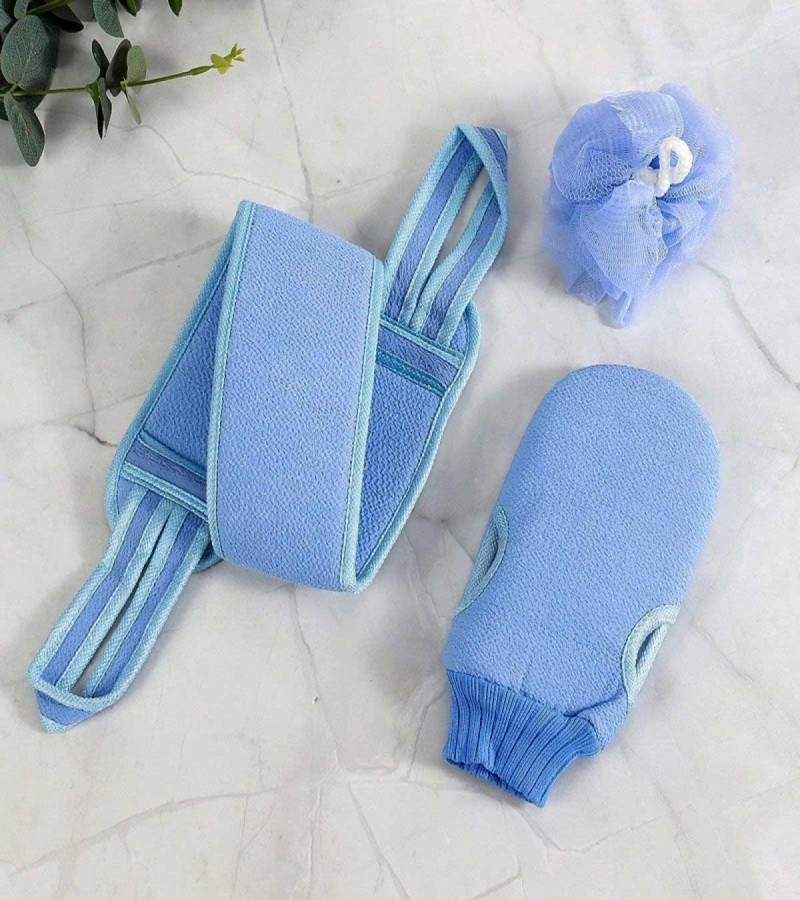 (Set Of 3) Body Cleaning Back Scrubber, Bath Gloves And Loofah Set