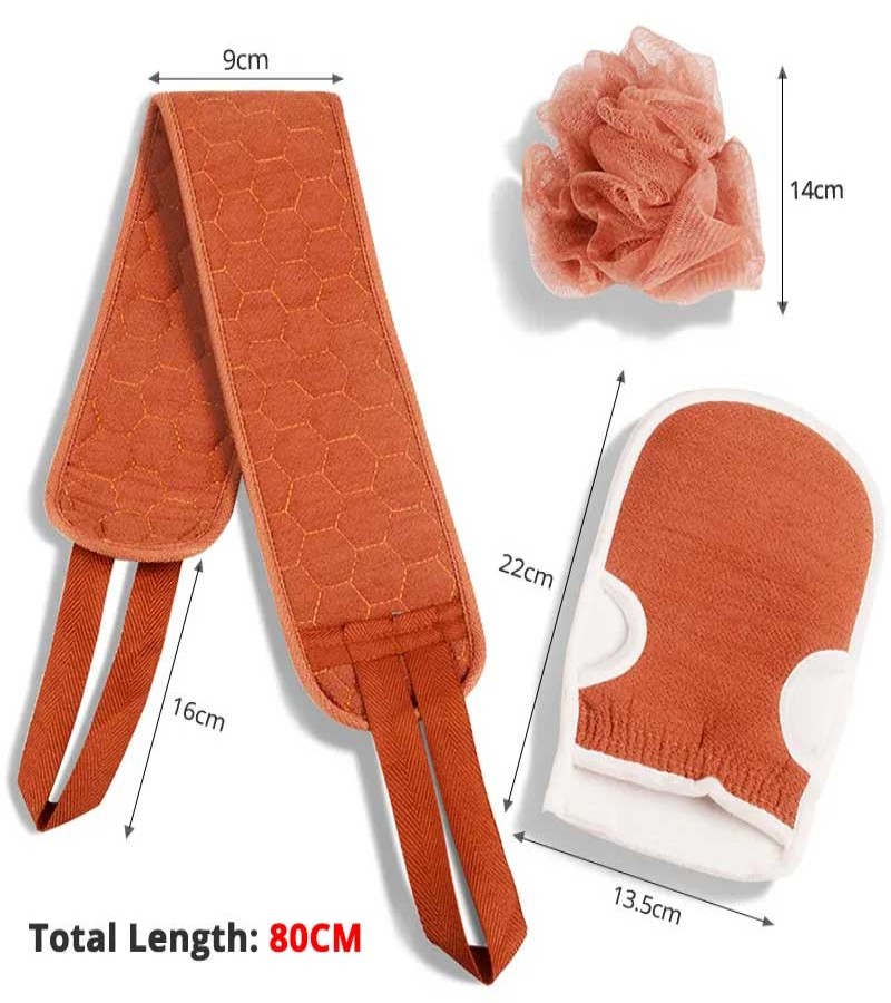(Set Of 3) Body Cleaning Back Scrubber, Bath Gloves And Loofah Set