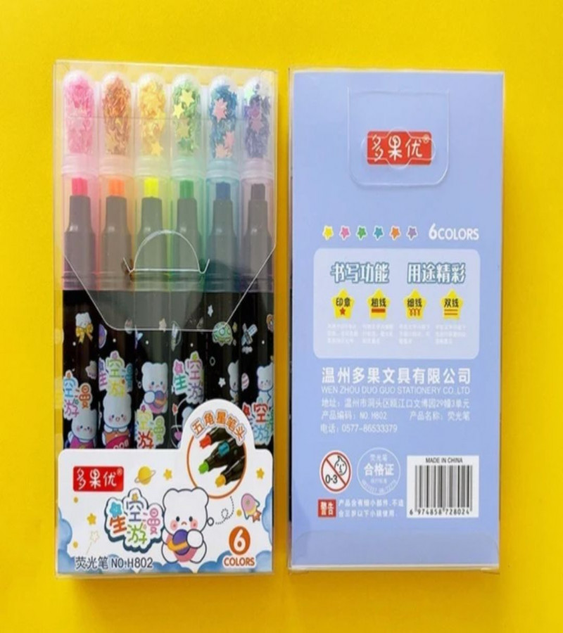 6Pcs Colorful Graffiti Highlighter Pens Exquisite Glitter Star Shaped Fluorescent Pens Student Drawing Liner Art Markers Pens