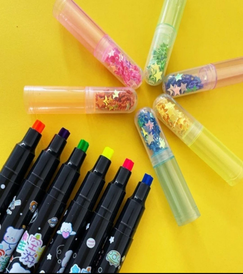6Pcs Colorful Graffiti Highlighter Pens Exquisite Glitter Star Shaped Fluorescent Pens Student Drawing Liner Art Markers Pens