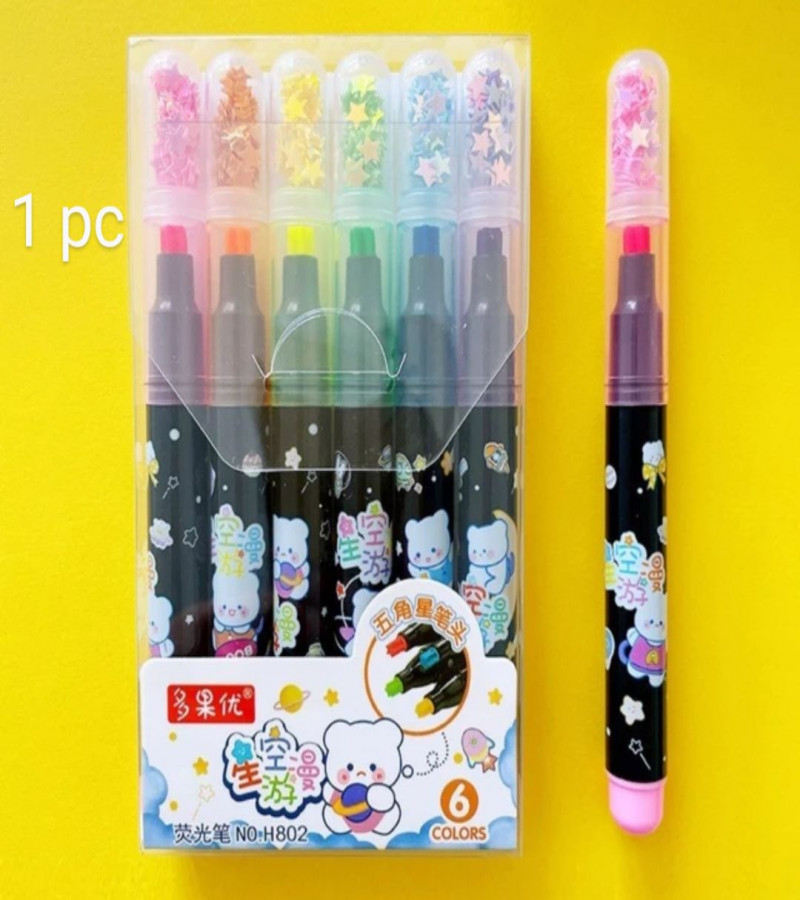 6Pcs Colorful Graffiti Highlighter Pens Exquisite Glitter Star Shaped Fluorescent Pens Student Drawing Liner Art Markers Pens