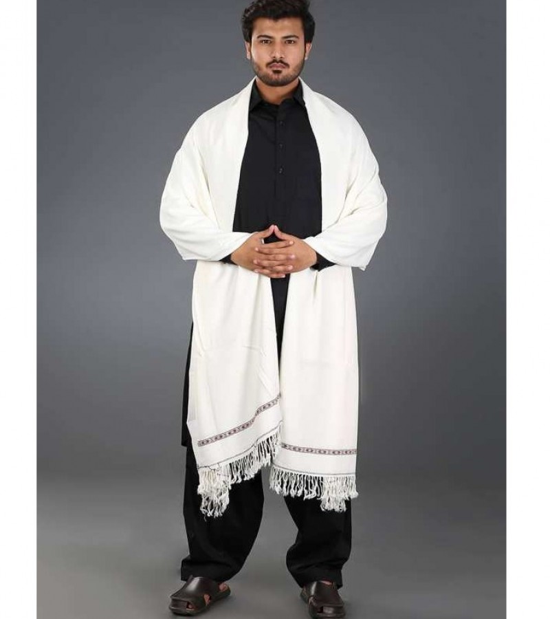 Kashmiri Pure Wool Pashmina Dhussa For Men (White)