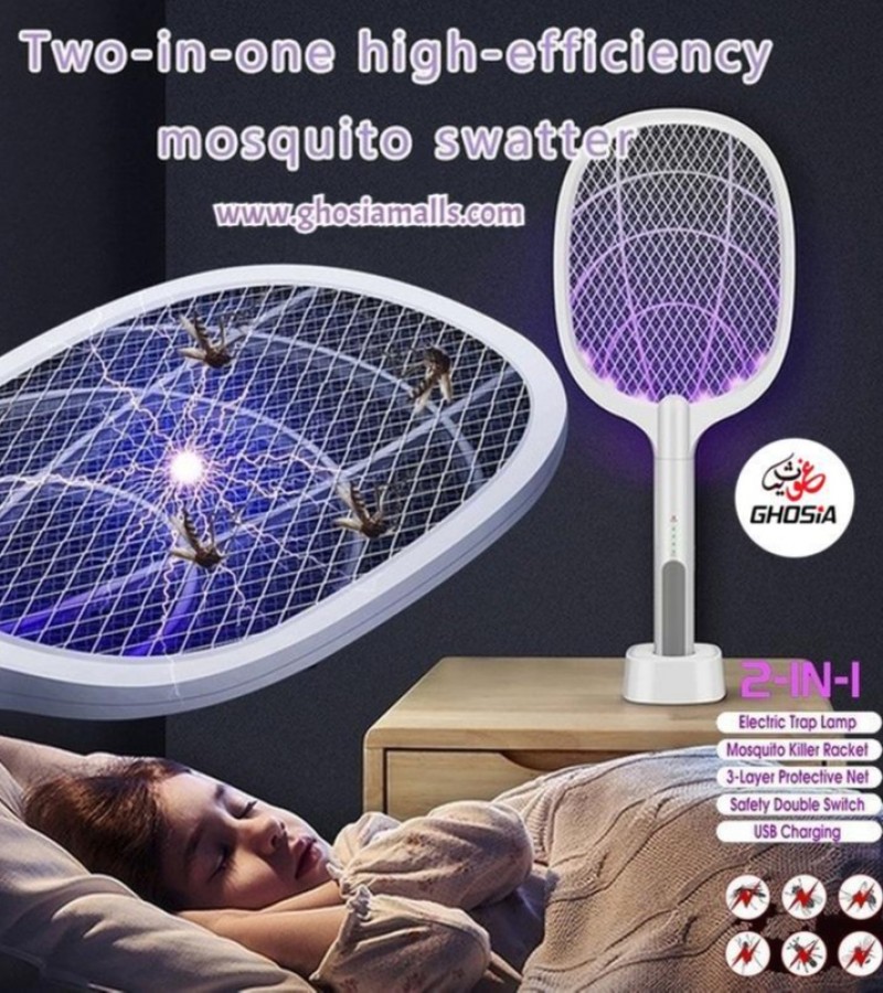 2 in 1 Rechargeable 3000V Mosquito Killer Racket Electric Fly Swatter Insect Pest Control