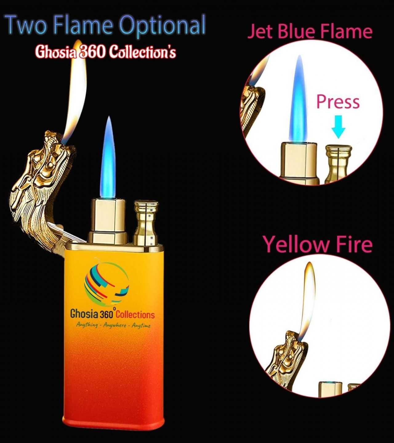 Dual 2 in 1 Flame Metal Dragon Double Fire Gas Lighter Creative Straight Flame Windproof Open Flame