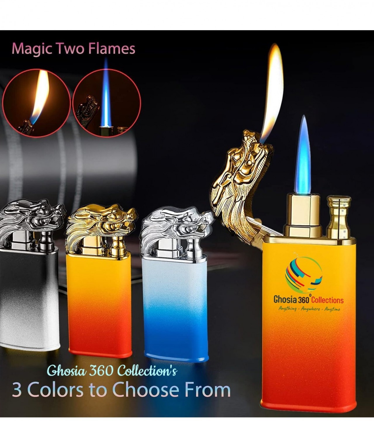 Dual 2 in 1 Flame Metal Dragon Double Fire Gas Lighter Creative Straight Flame Windproof Open Flame