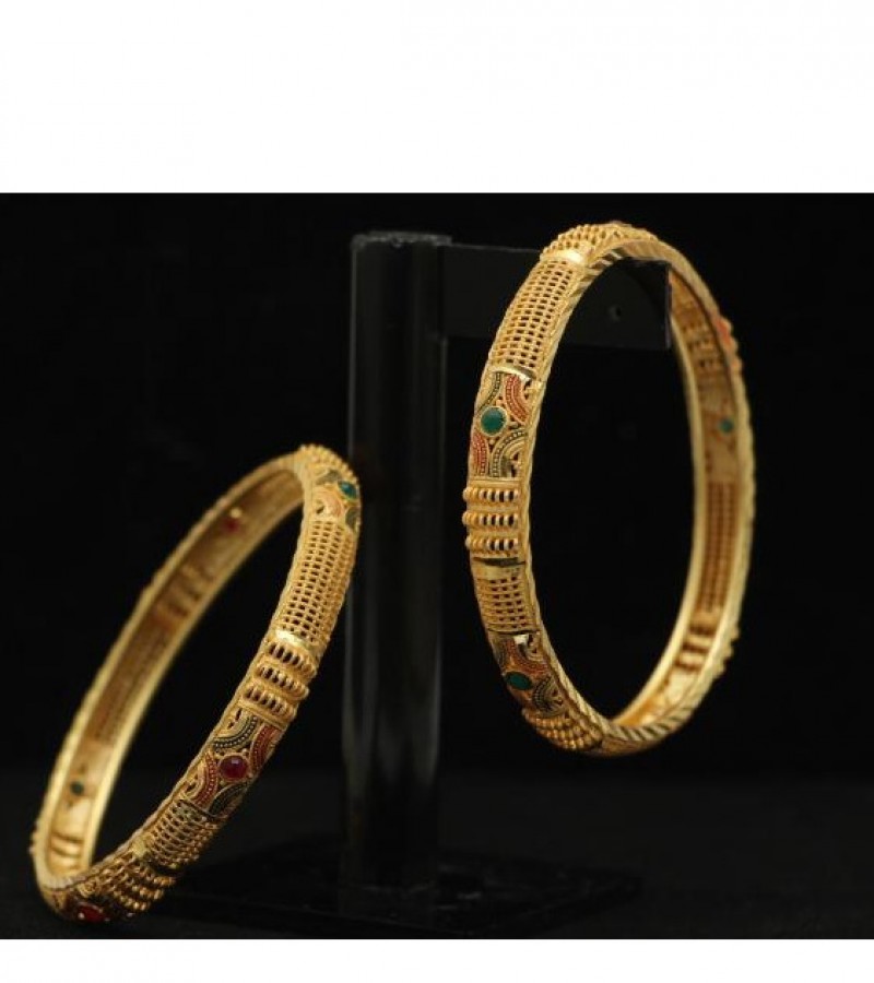 Gold Plated Beautiful 2 PCS Kada Bangle Set with Green Red stones Jewellery - JB-312