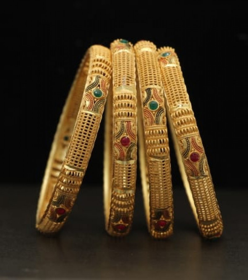 Gold Plated Beautiful 4 PCS Kada Bangle Set with Green Red stones Jewellery - JB-311