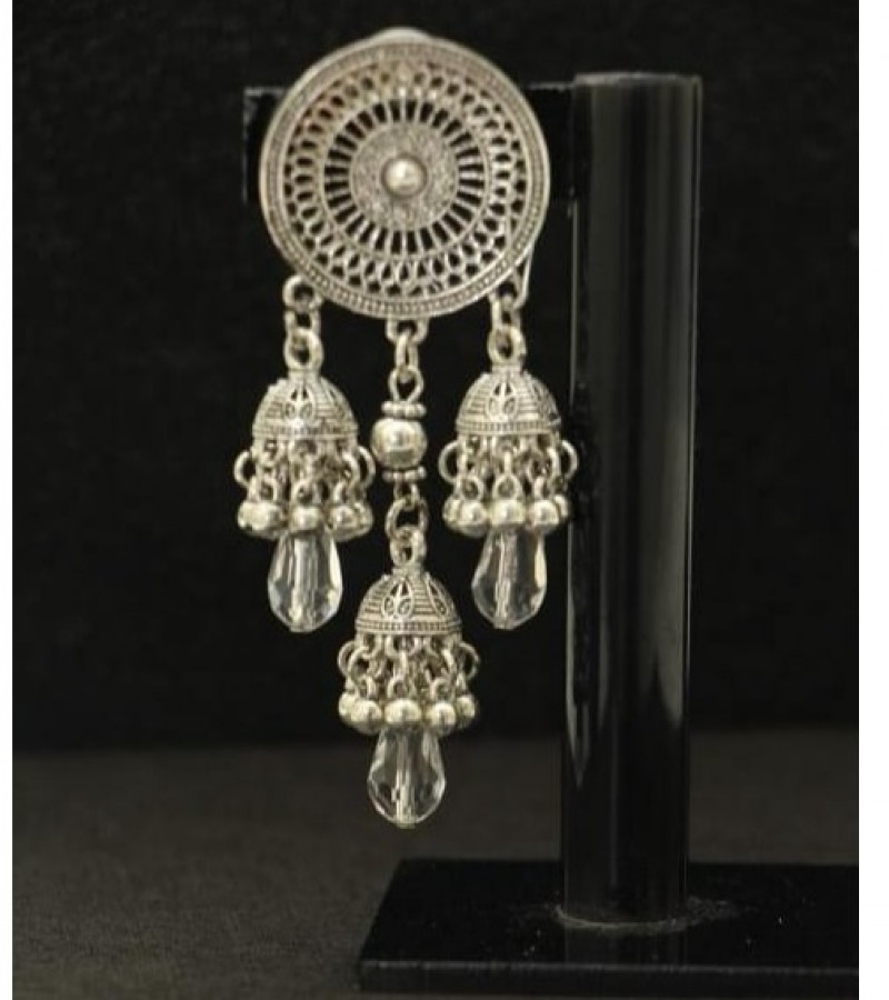 Kun traders Silver Round Drop Earring with Jhumka Style 3 Big Diamond Stones