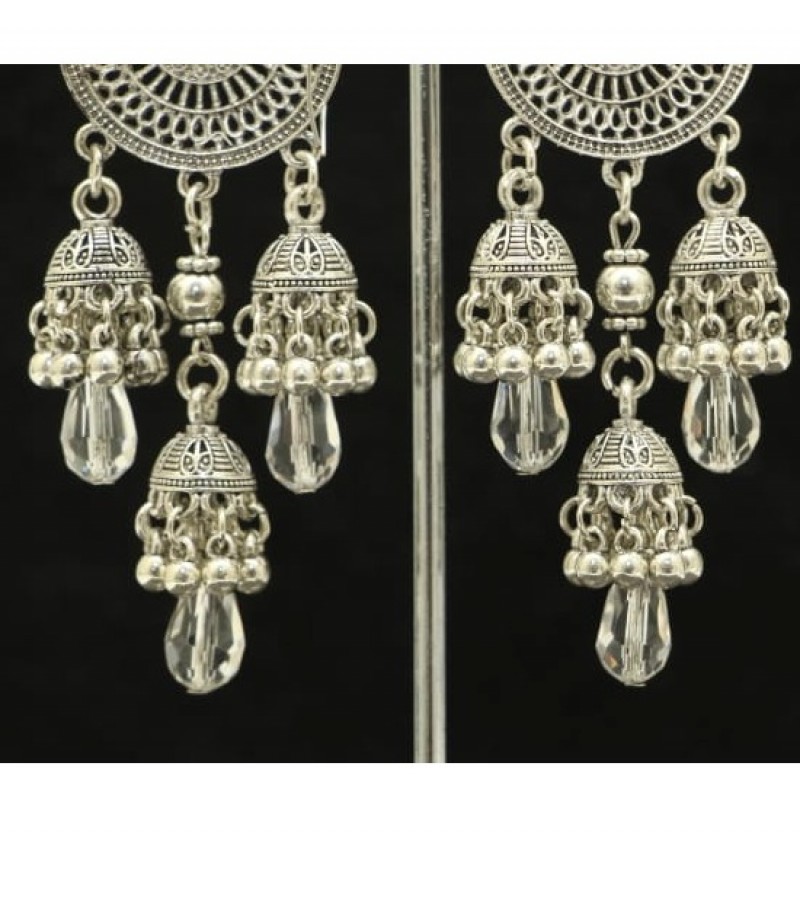 Kun traders Silver Round Drop Earring with Jhumka Style 3 Big Diamond Stones