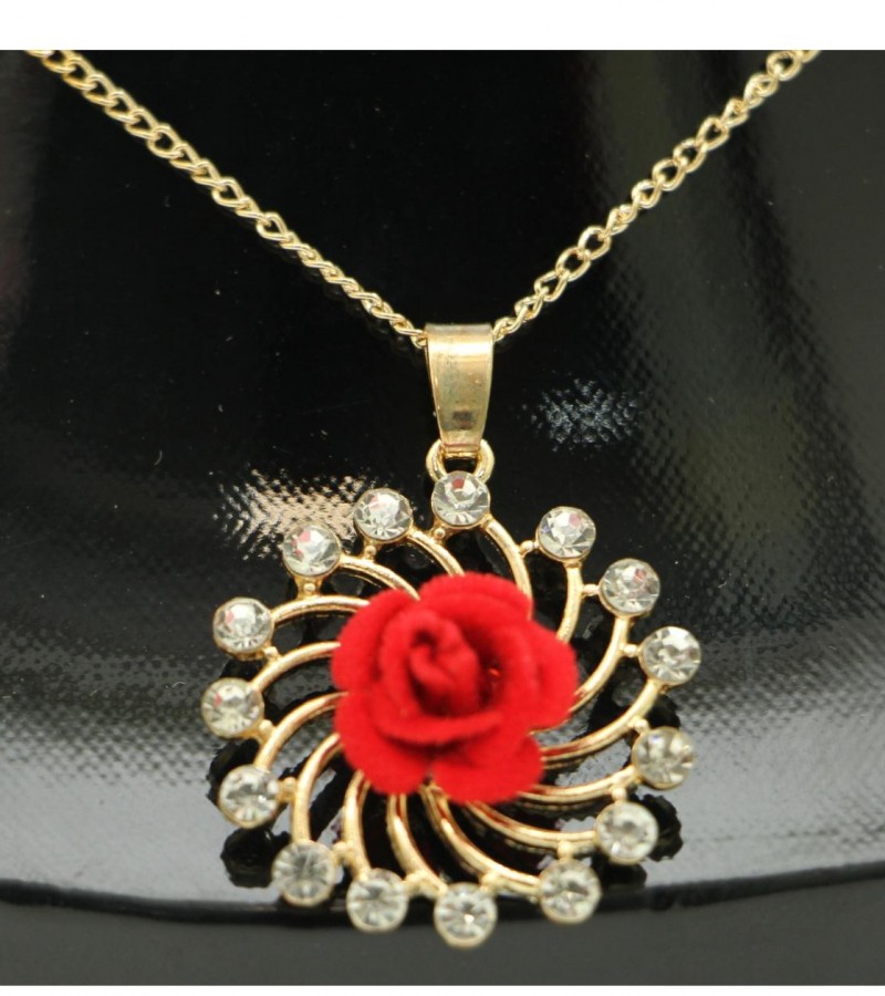 Kun traders Stylish Red Rose Necklace Pendant Chain & Ear Tops & Ring