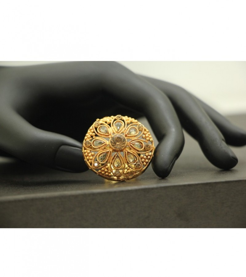 Kun traders Traditional Antique Gold Ring with Imported Mirror white Stones