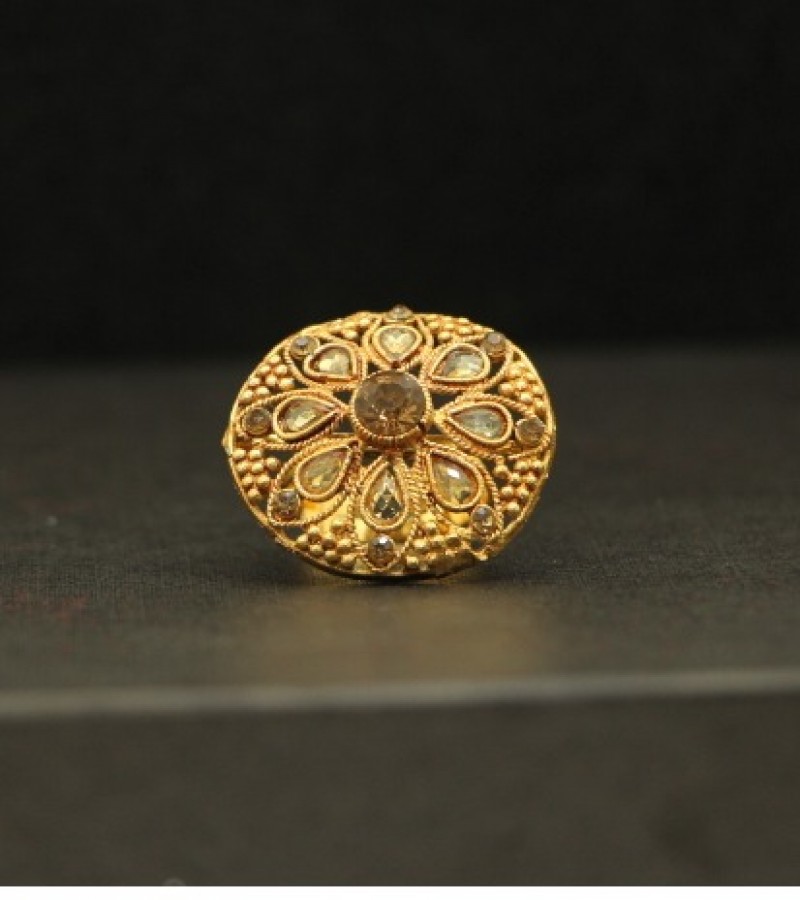 Kun traders Traditional Antique Gold Ring with Imported Mirror white Stones