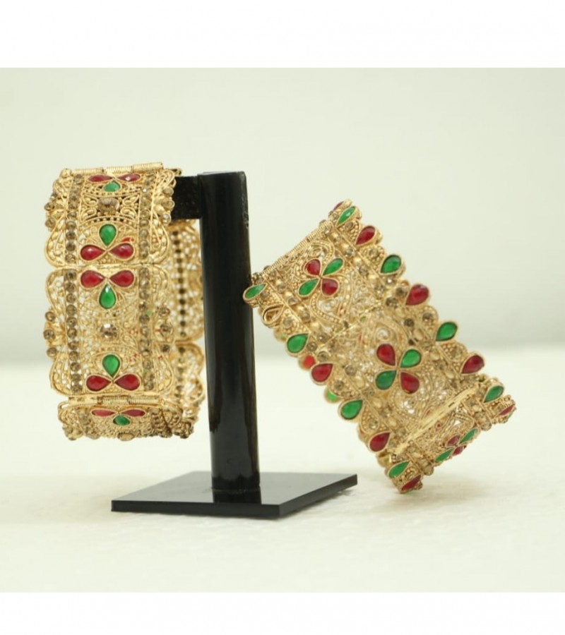 Kun Traders Traditional Fancy Golden Multi Stones Openable Bangles/Kadas Pair Set - JB-305