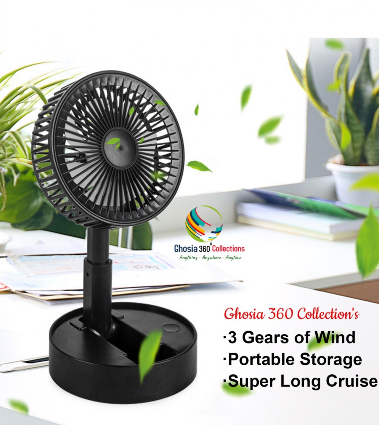 USB Rechargeable Desk Mini Folding Storage Fan 360 Rotatable Stand Table Folding 3 Gear Speed Fan