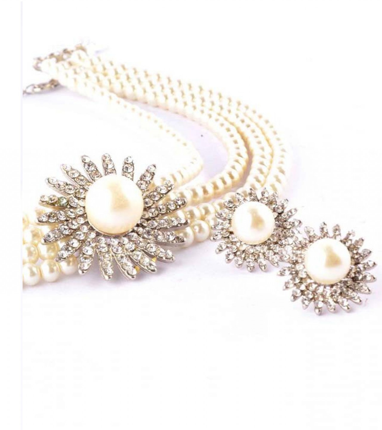 White Jewelry Set with Center Silver Flower Stone for Women - White
