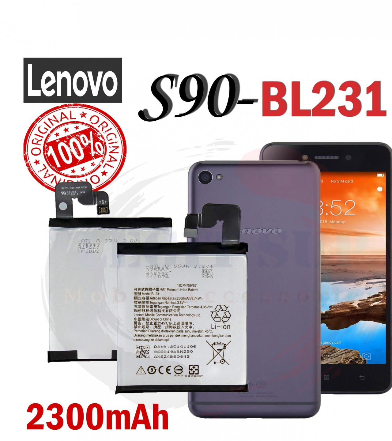 Lenovo BL231 battery For Lenovo Vibe X2 / S90 with 2300 mAh Capacity- Black