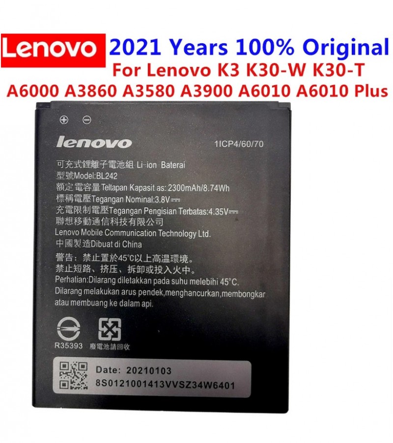 Lenovo BL242 Battery For Lenovo A6000 , A6010 , A6000 Plus , K3 , K30 Battery With 2300mAh Capacity