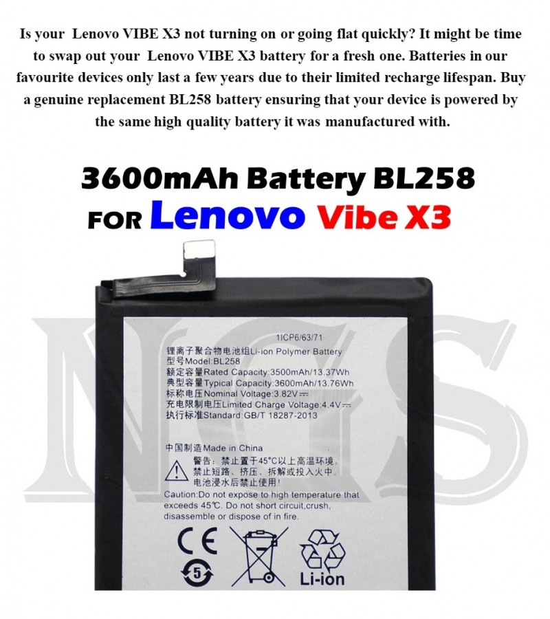 Lenovo BL258 battery For Lenovo X3 C50 C70 with 3600 mAh Capacity- Black